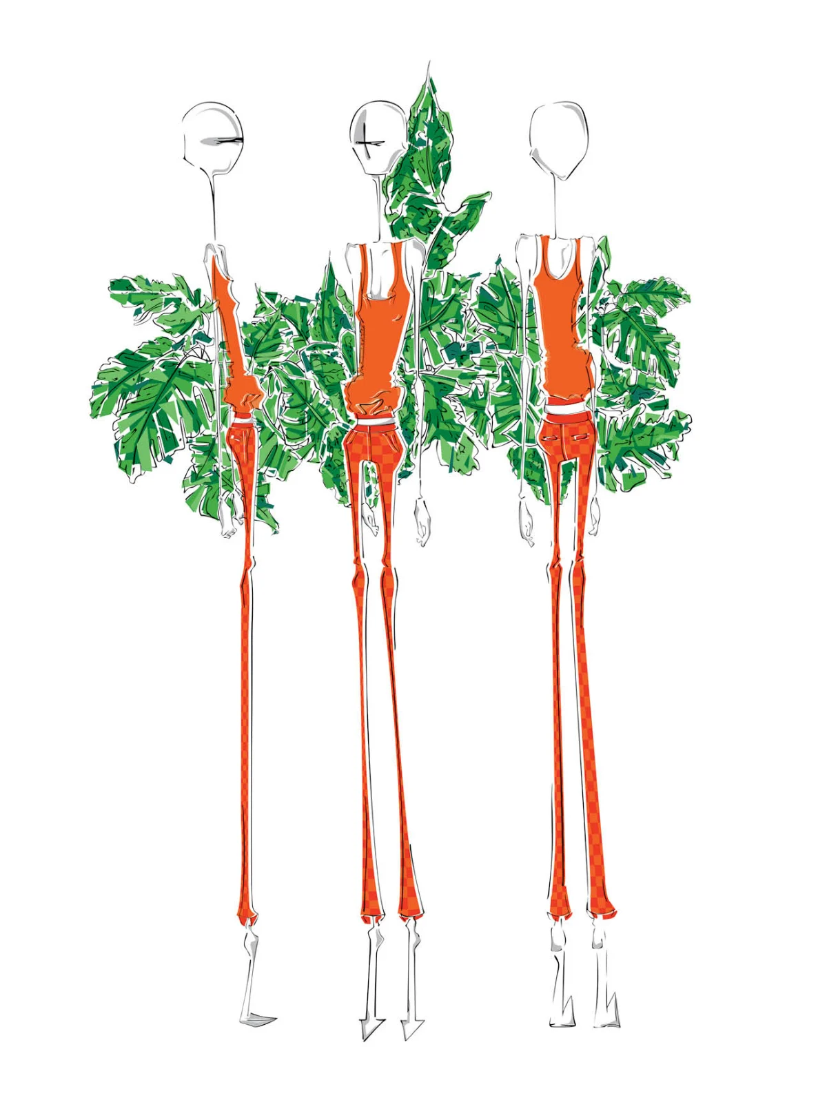 Fashion illustration, looks against tropical foliage