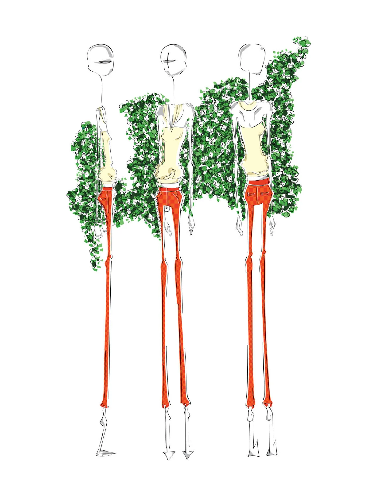 Fashion illustration, looks against tropical foliage