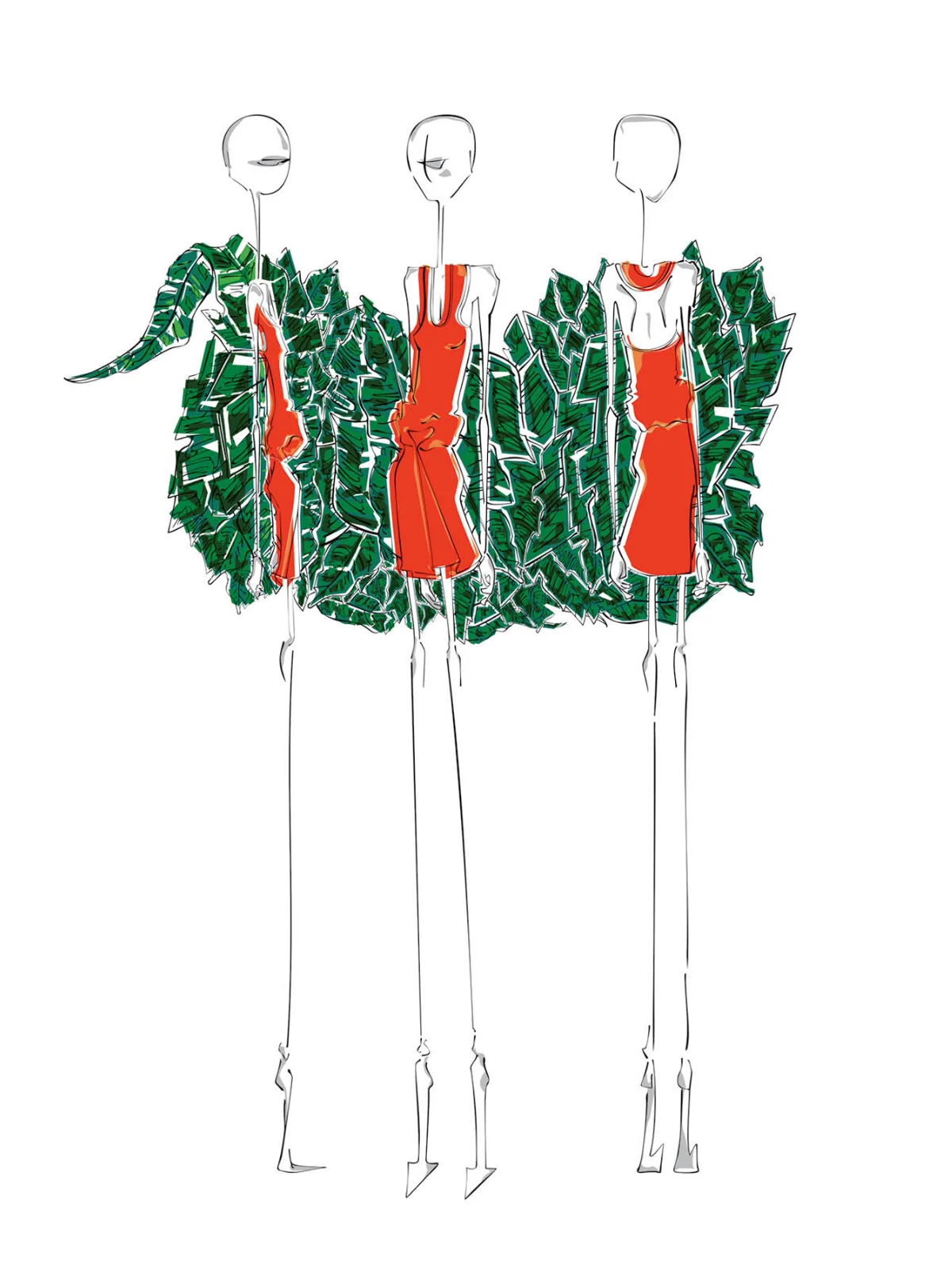 Fashion illustration, looks against tropical foliage