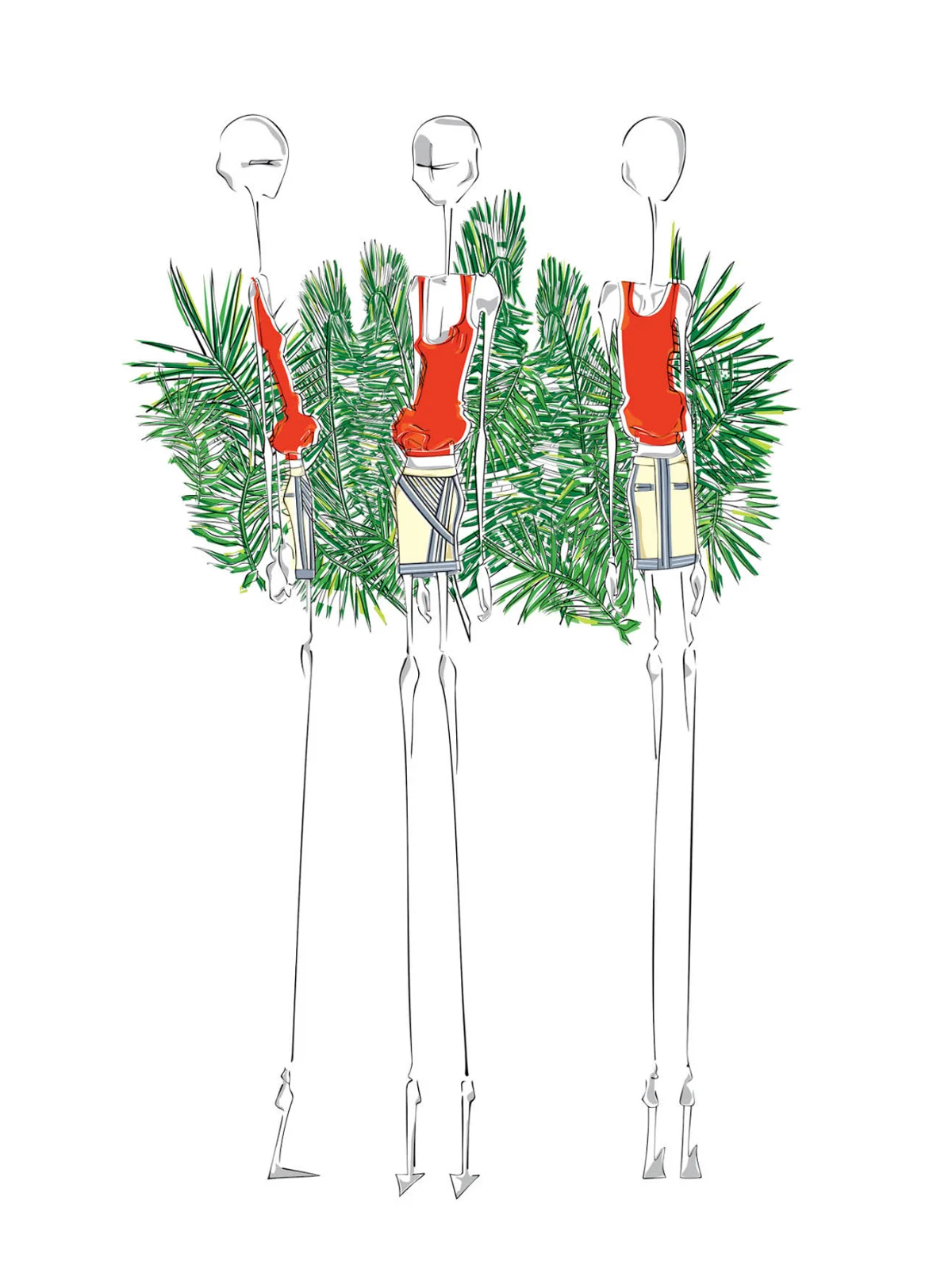 Fashion illustration, looks against tropical foliage