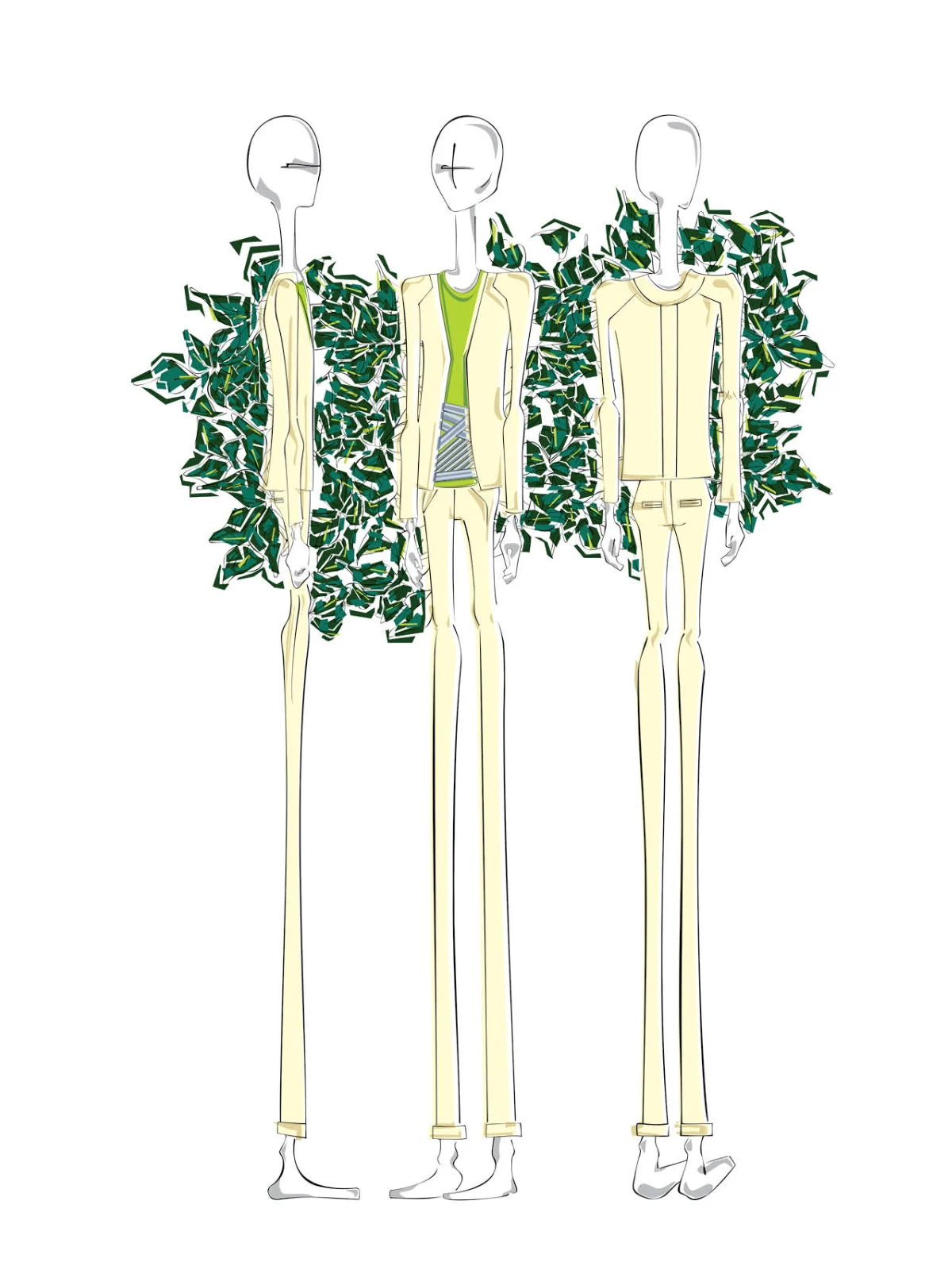 Fashion illustration, looks against tropical foliage