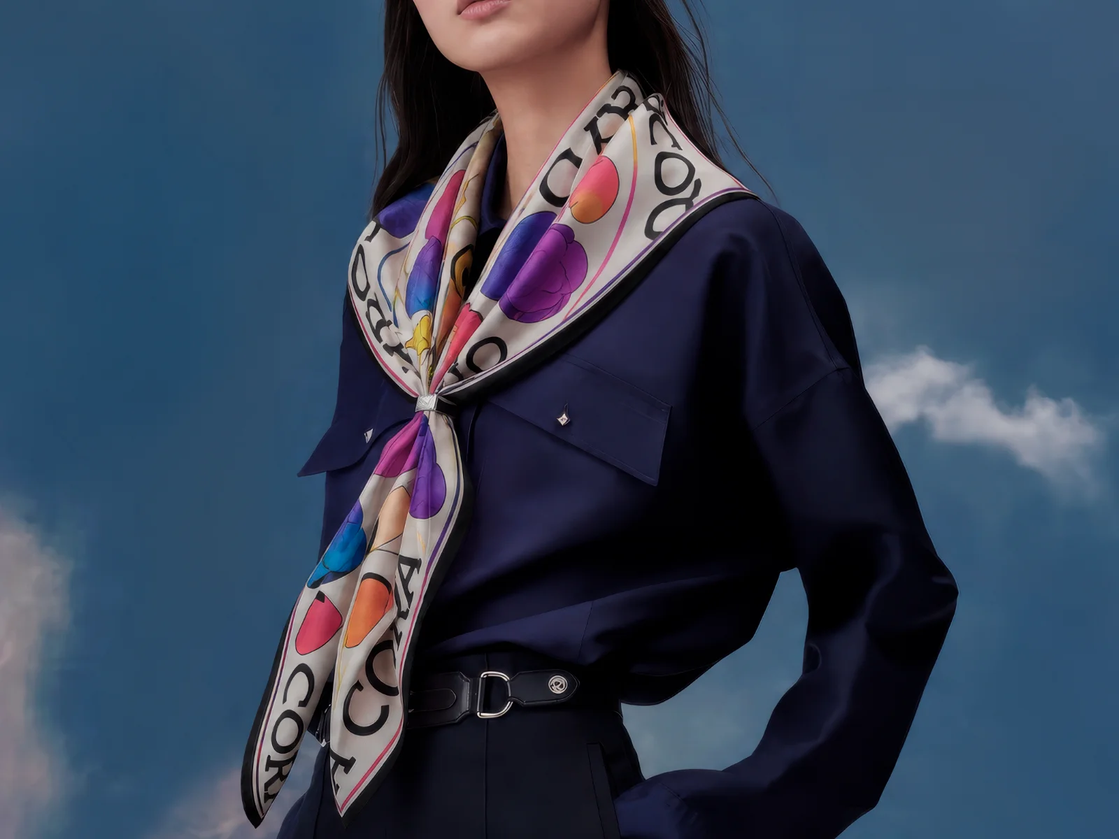 BOUQUET scarf in Ivory worn at the neck