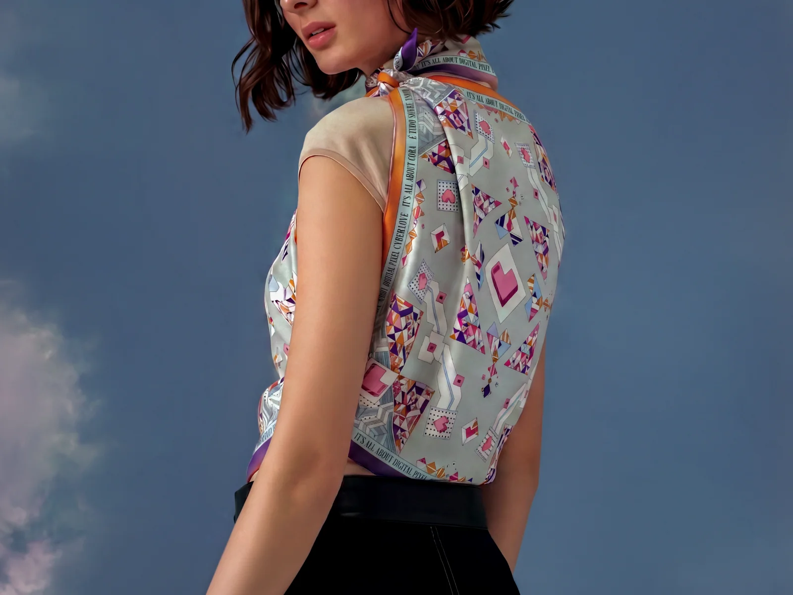 DIGITAL LOVE scarf in Pink and Orange worn at the neck
