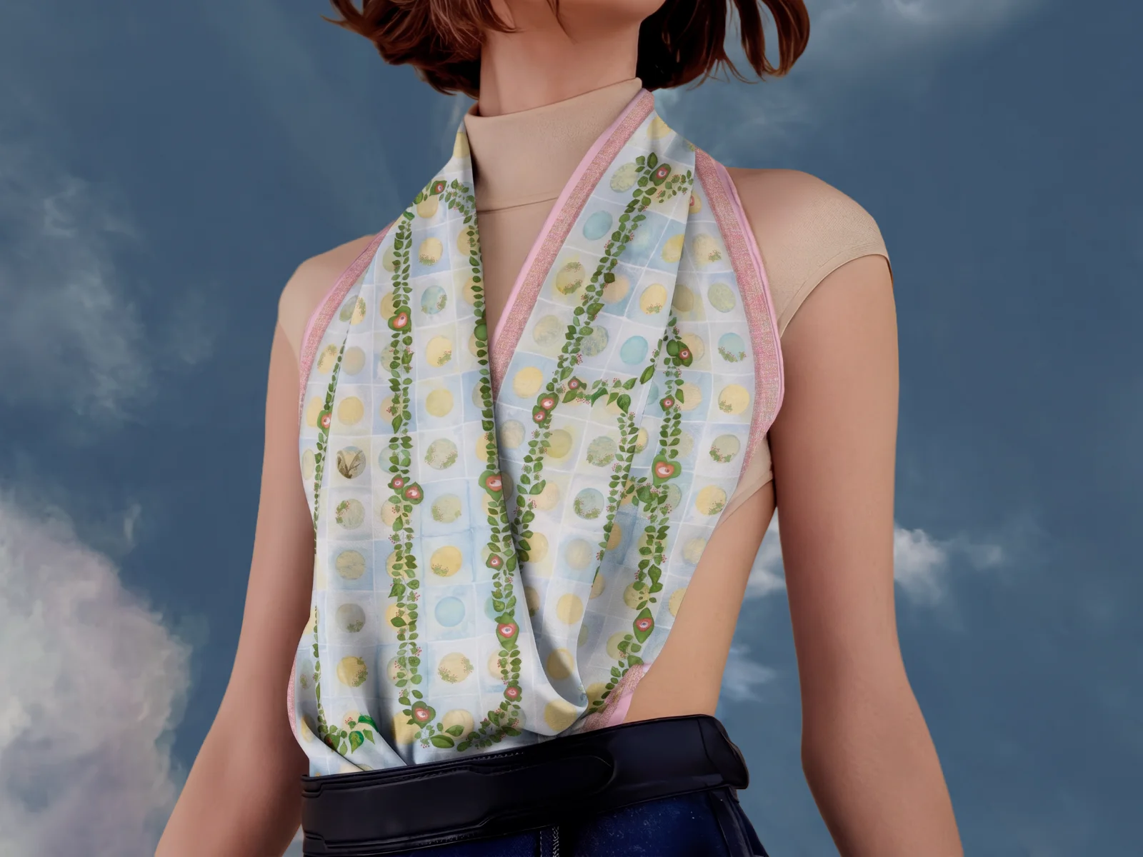 LOVE ENDURES scarf worn draped at the neck